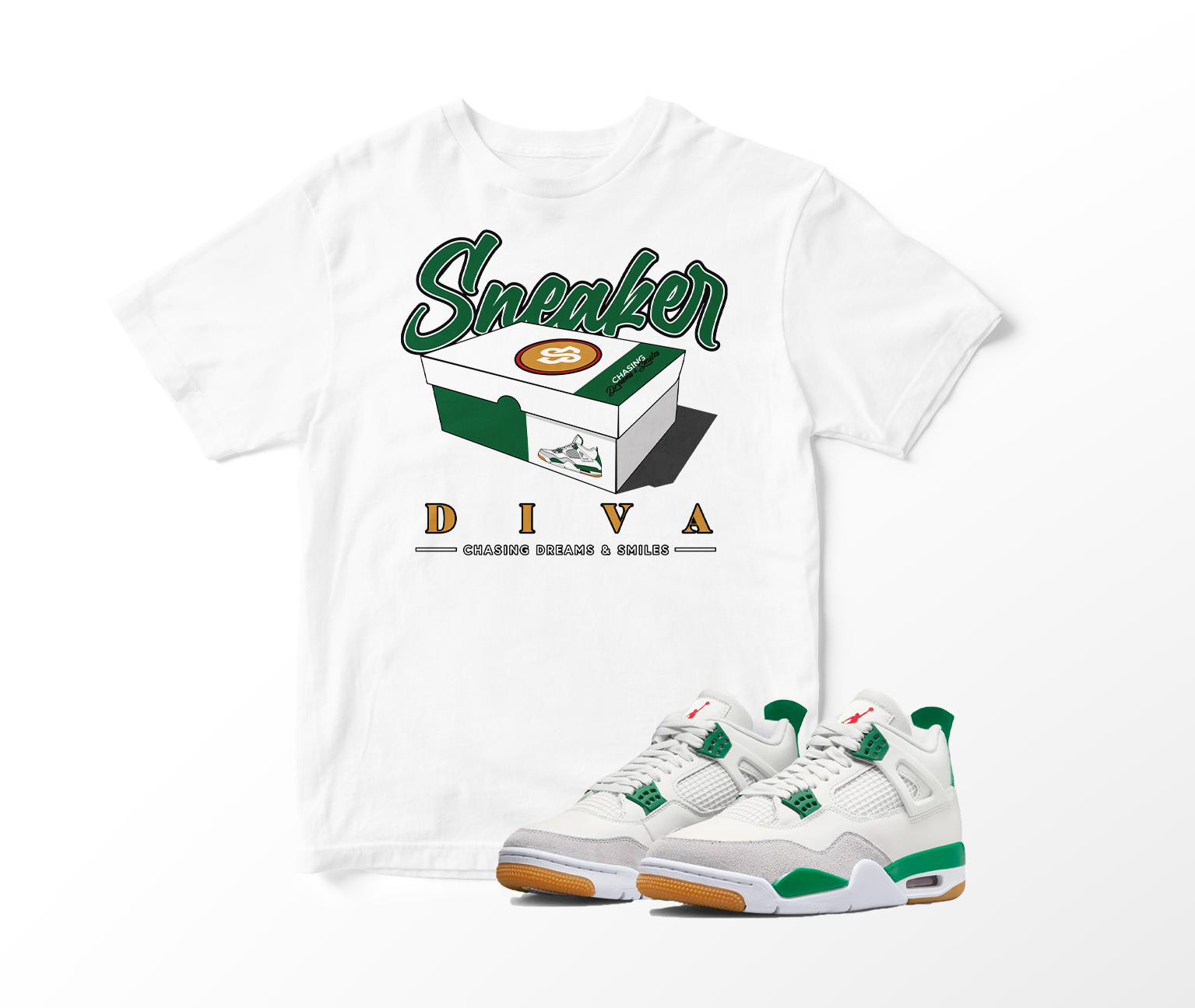 'Sneaker Diva' Custom Graphic Short Sleeve T-Shirt To Match Air Jordan 4 Pine Green