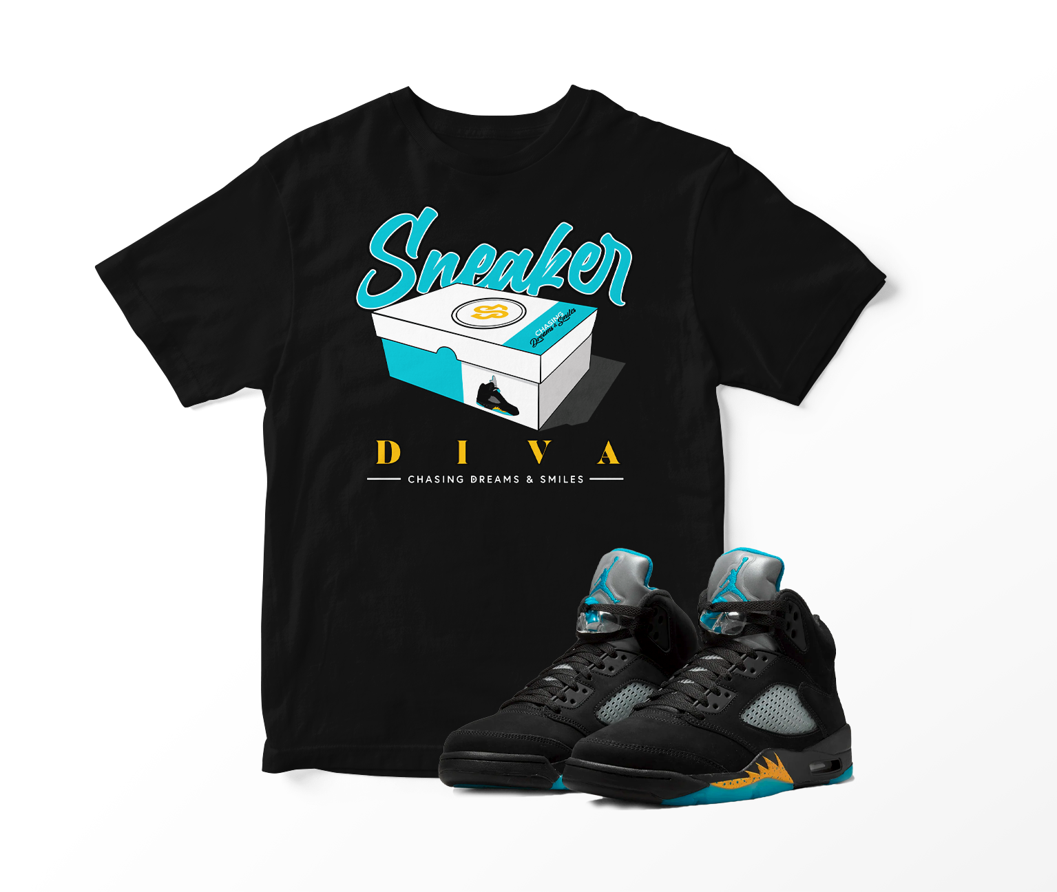 'Sneaker Diva' Custom Graphic Short Sleeve T-Shirt To Match Air Jordan 5 Aqua