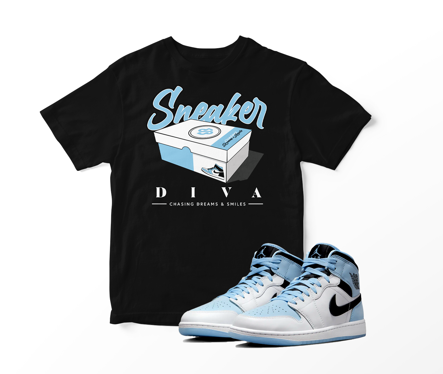 'Sneaker Diva' Custom Graphic Short Sleeve T-Shirt To Match Air Jordan 1 White Ice