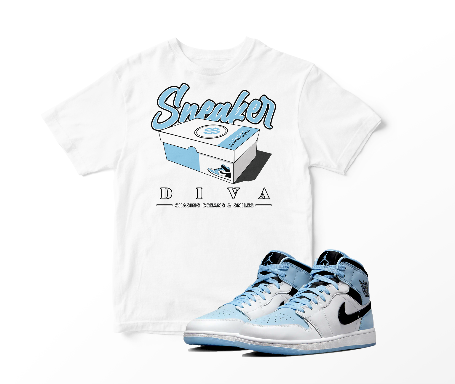 'Sneaker Diva' Custom Graphic Short Sleeve T-Shirt To Match Air Jordan 1 White Ice
