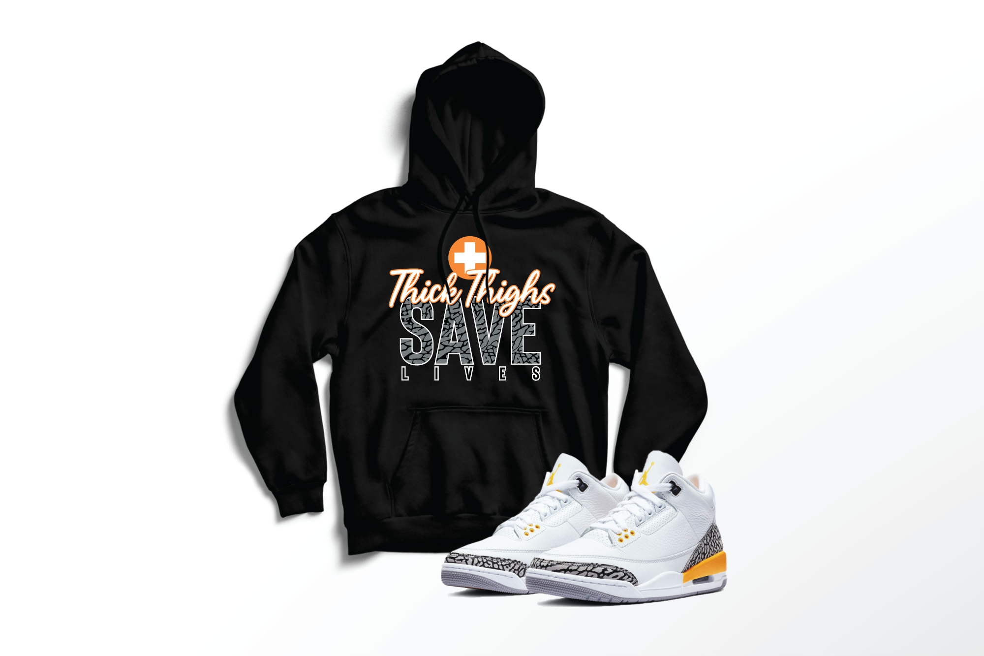 'Thick Thighs Save Lives' in Laser Orange CW Unisex Pullover Hoodie