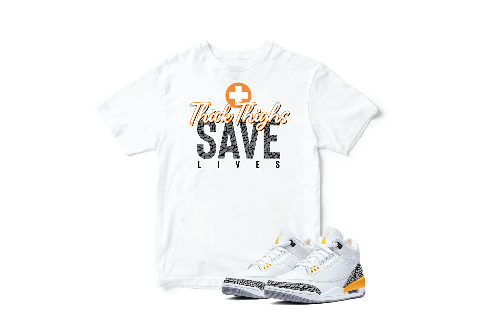 'Thick Thighs Save Lives' in Laser Orange CW Short Sleeve Tee