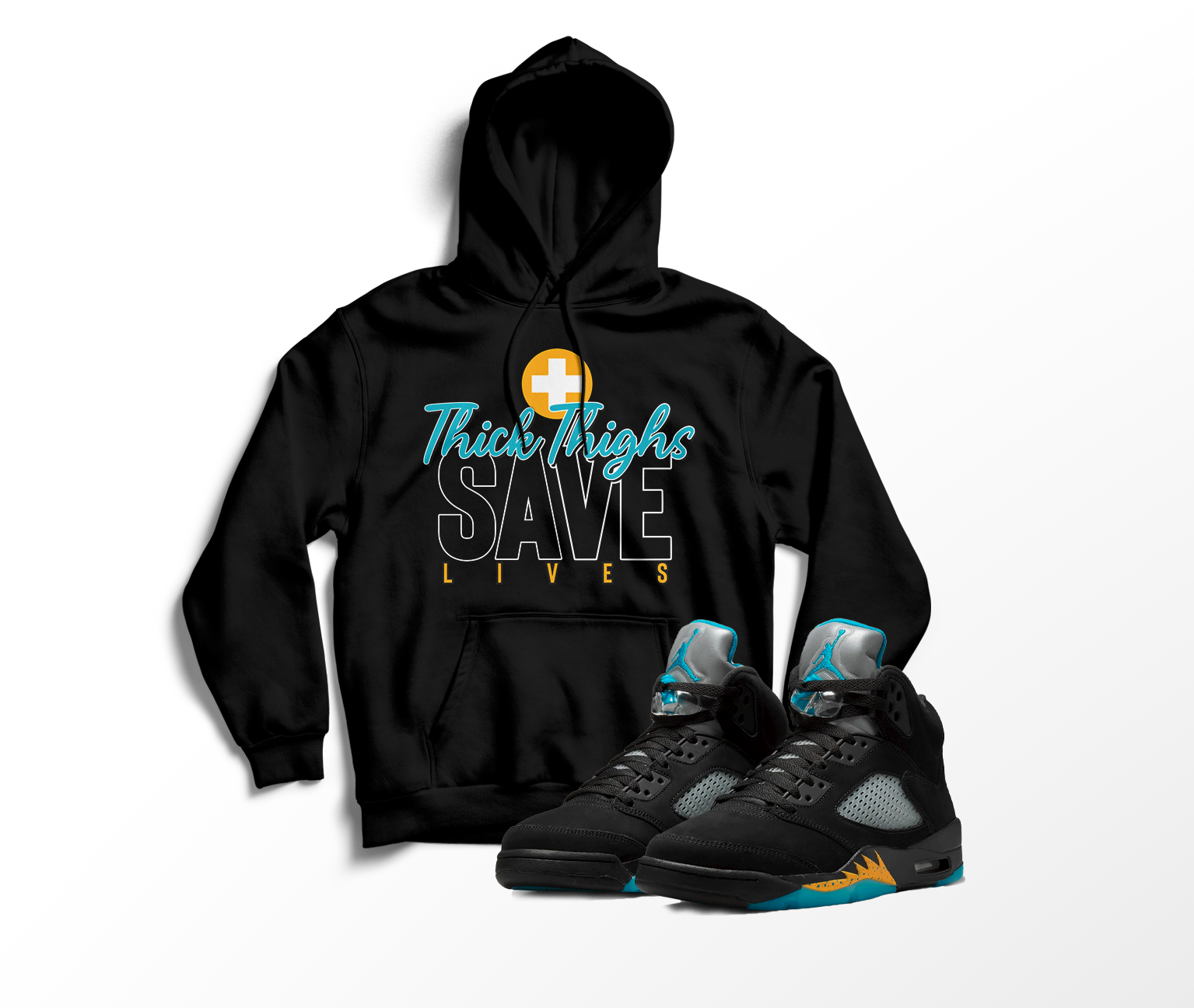 'Thick Thighs Save Lives' Custom Graphic Hoodie To Match Air Jordan 5 Aqua