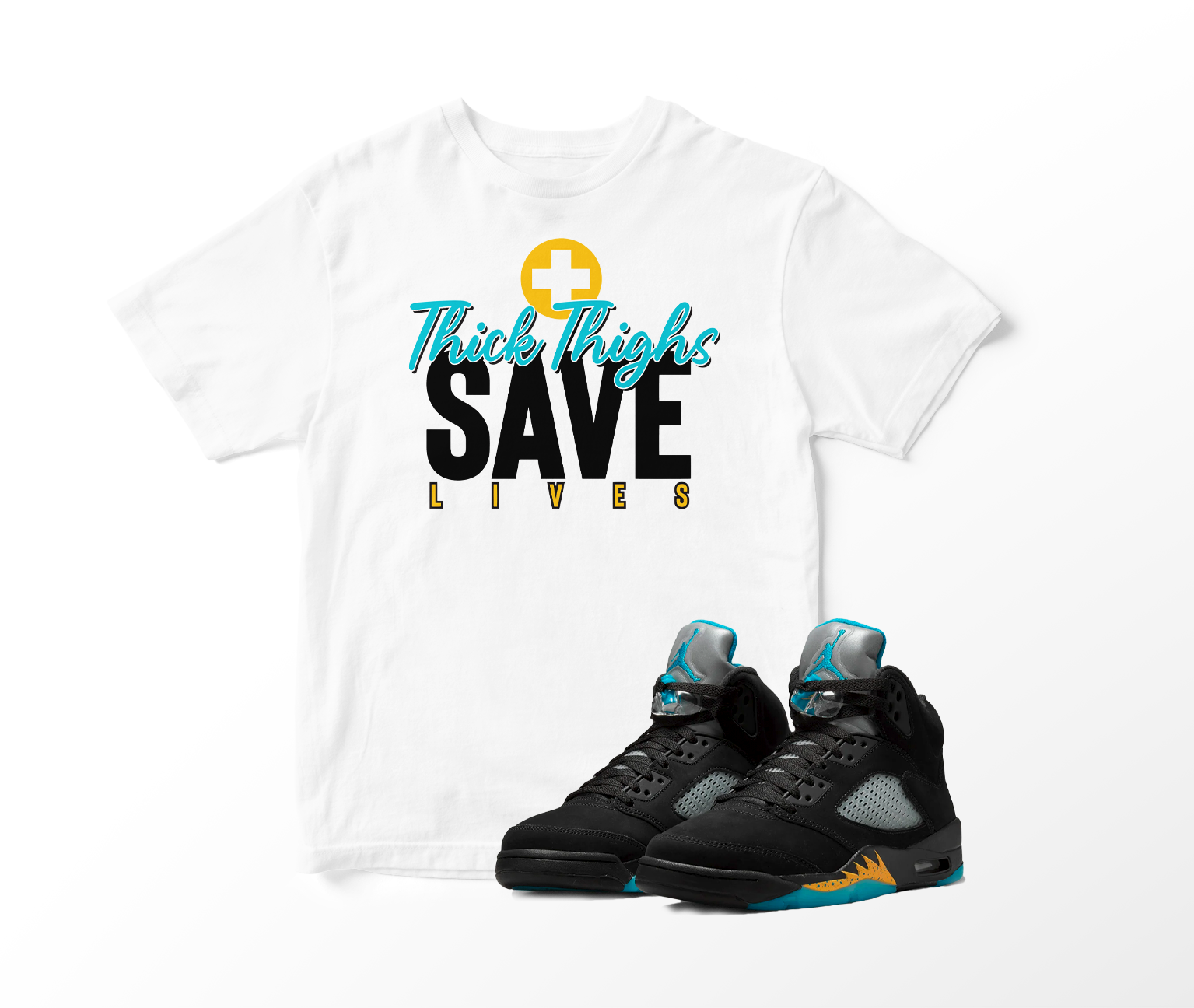 'Thick Thighs Save Lives' Custom Graphic Short Sleeve T-Shirt To Match Air Jordan 5 Aqua