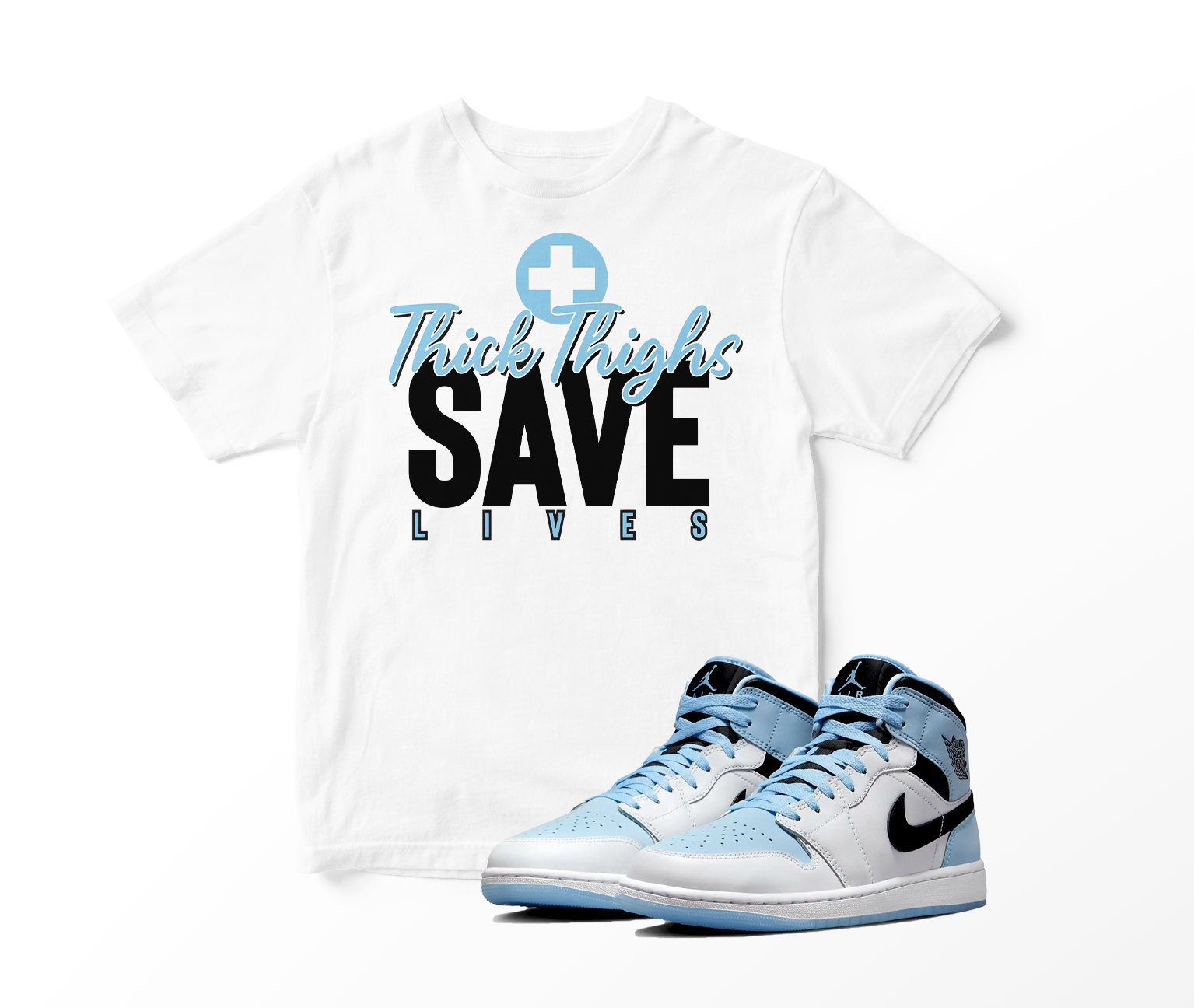 'Thick Thighs Save Lives' Custom Graphic Short Sleeve T-Shirt To Match Air Jordan 1 White Ice